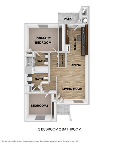 Floor plan for 2 beds, 2 baths, 970 sqft